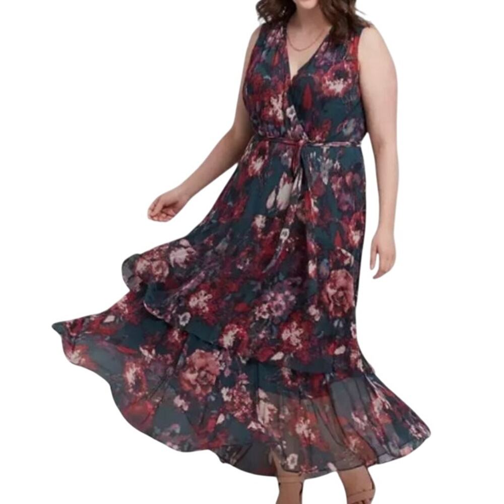 Lane Bryant Crossover High Low Maxi Dress Burgundy Floral Mesh Women's Size 16